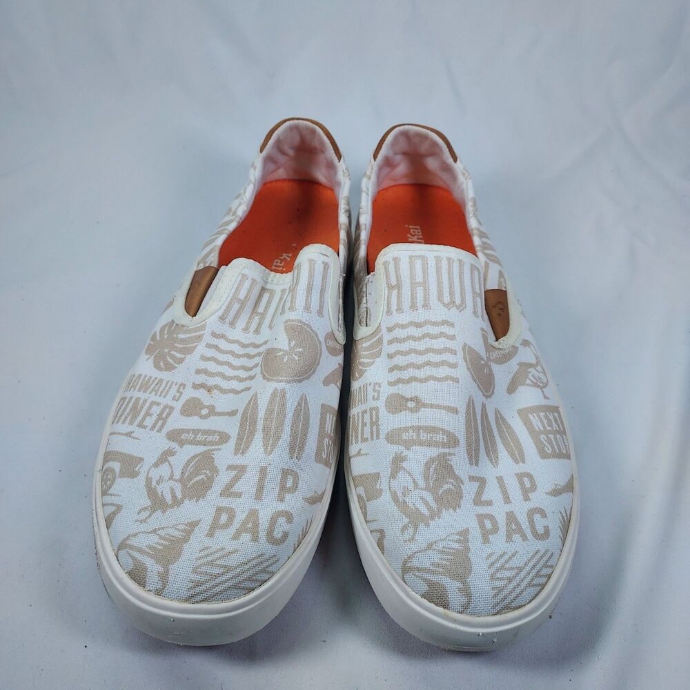 OluKai Lae'ahi Pa'i Mens Sz 11 White Tan Slip-On Shoes Textile Hawaiian Print